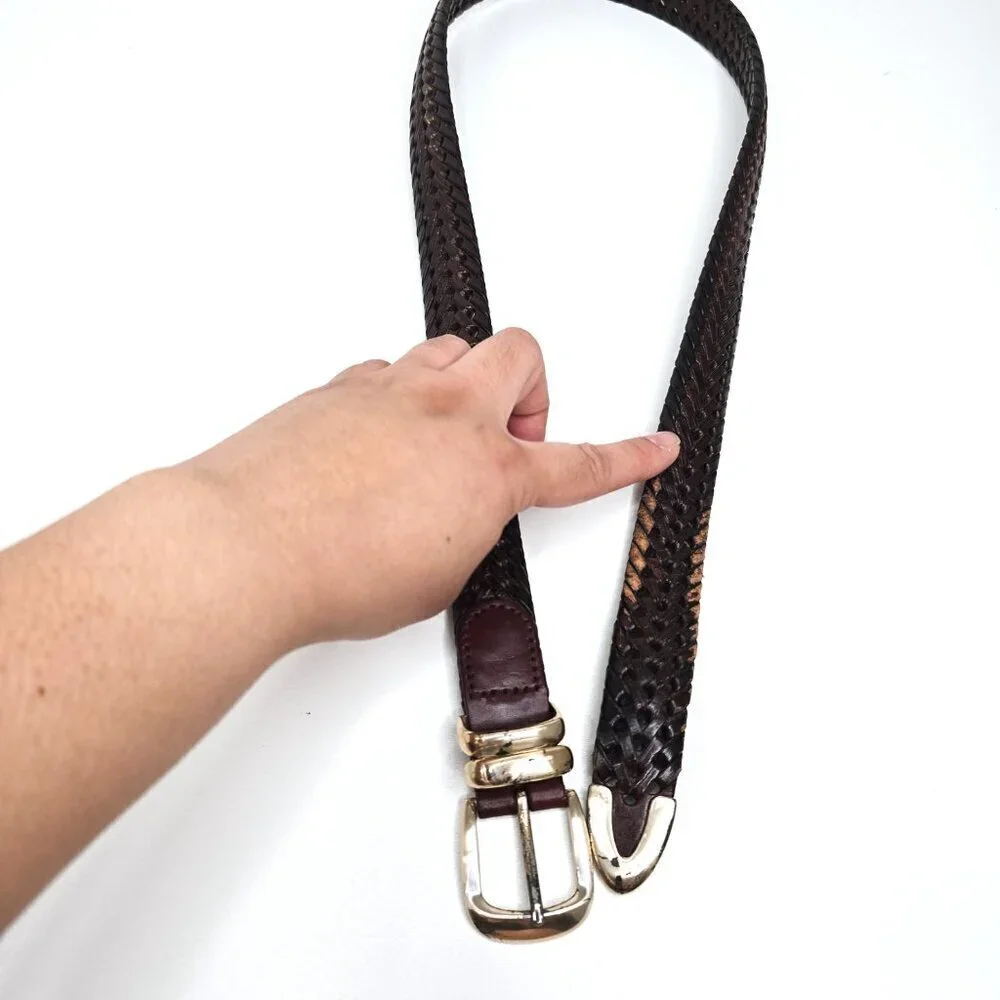 Fossil Vintage Brown Braided Leather Belt Gold Buckle